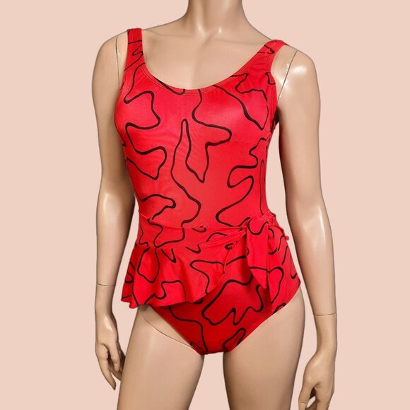 Vintage 80s Cole Of California Swimsuit Womens M Red Abstract Print Side Tie - Picture 1 of 11